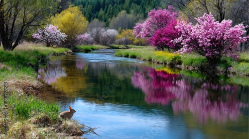 Rabbits by a river with blooming trees and clear water on a bright sunny day in spring