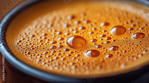 Espresso bubbles forming crema with golden hue under soft lighting.