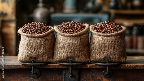 Dark roasted beans in sacks beside an antique weighing scale.