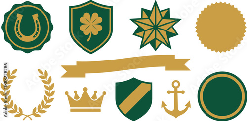 Vintage lucky charm badges flat vector pack with emerald gold horseshoe circular crest four-leaf clover shield geometric star emblem gold coin laurel wreath ribbon banner crown anchor circular badge 