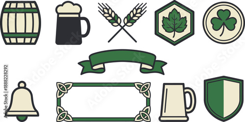 Irish pub heraldic emblems flat vector pack with forest green cream charcoal wooden barrel beer mug wheat stalks hop leaf hexagon shamrock ribbon bell Celtic border tankard shield badge isolated