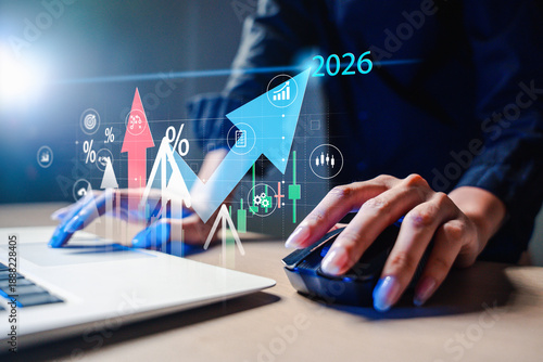 Business growth strategy and digital marketing trends in 2026. financial graph, percentage, upward arrows representing data analysis. performance success. business, growth, strategy, marketing, 2026,