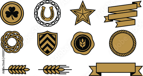 Lucky token emblem vectors flat vector pack with brass black circular coin shamrock horseshoe wreath five-pointed star ribbon knotwork circle shield chevron wax seal rope border wheat banner isolated