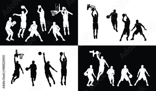 
Basketball silhouettes in dynamic action poses, dribbling, dunking, shooting, defending, black and white contrast, sports energy, vector illustration