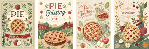 Charming vintage-style illustrations celebrating pie perfection and tasting events.