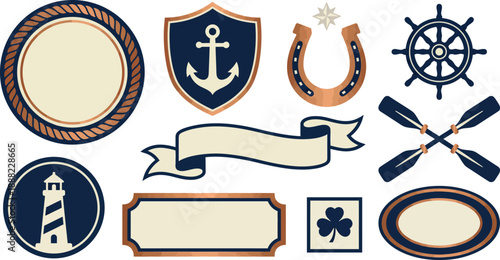 Nautical Irish pub badges flat vector pack with navy blue copper cream rope frame anchor shield horseshoe star ship wheel ribbon crossed oars lighthouse signet clover oval emblem isolated