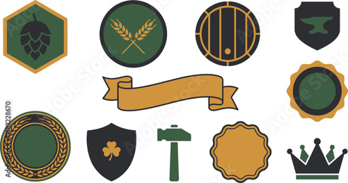 Artisanal tavern emblems flat vector pack with ochre dark green charcoal hop cone hexagon wheat stalks barrel anvil scroll banner grain border shield clover hammer scalloped label crown isolated