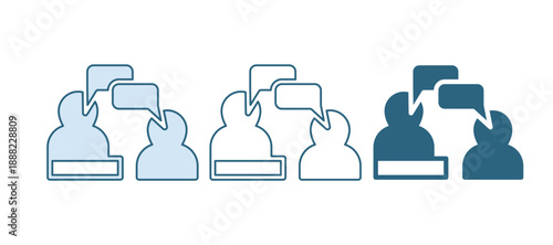 Blue Two sitting men talking icon isolated on white background. Speech bubble chat. Message icon. Communication or comment chat symbol. Vector