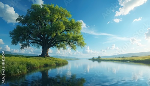 Large green tree grows on river bank under blue sky with white clouds. Calm water reflects landscape with grass and distant hills. Peaceful nature scene, sunny day.