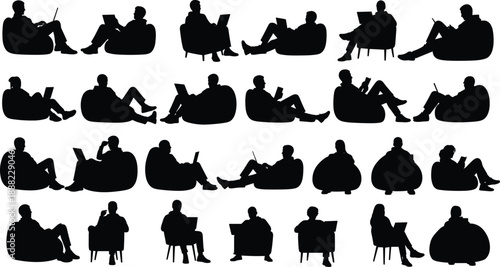 Twenty four diverse human silhouettes sitting on chairs and bean bags using laptops and reading books representing remote work, study, and leisure concepts
