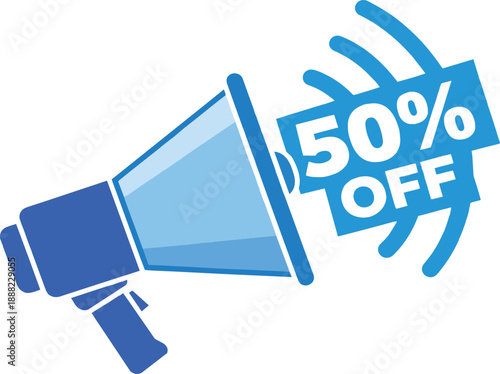 A blue megaphone announcing a 50 percent discount on a white background