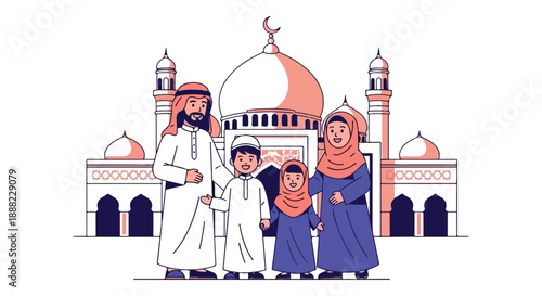 Illustration of a Muslim family standing in front of a mosque with a white and orange color scheme.