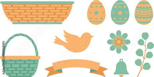 Elegant simple Easter home decor elements flat vector pack with apricot seafoam green wide flat basket handled basket eggs star dot motifs bird silhouette flower ribbon banner bell eucalyptus sprig 