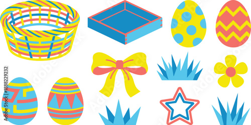 Playful geometric Easter decorations flat vector pack with bright lemon sky blue coral circular woven basket square wooden tray eggs polka dots chevrons ribbon bow geometric grass daisy star ornament 