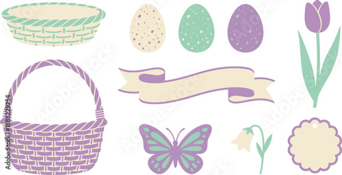 Elegant spring brunch Easter accessories flat vector pack with lilac mint cream low-rimmed basket tall wicker handle eggs speckled patterns ribbon banner tulip butterfly bell flower scalloped tag 