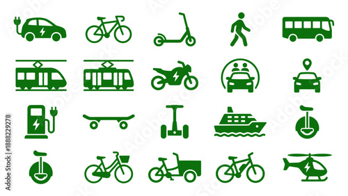 Vector icon set of 20 green transportation symbols in a clean glyph style, including electric cars, bikes, scooters, bus, train, ferry, and eco-friendly urban mobility options for sustainable design.