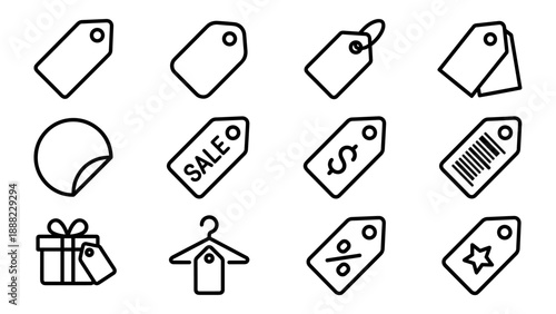 Collection of 12 minimalist price tag and label line icons for retail and e-commerce. Includes designs for sale, discount, barcode, gift box, and hanger tags with a clean, uniform stroke style.
