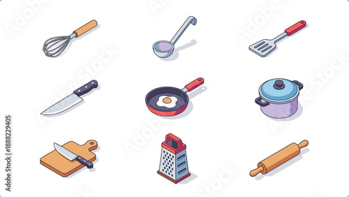 Modern isometric kitchen utensil icon set featuring a whisk, ladle, spatula, chef knife, frying pan with fried egg, cooking pot, cutting board, cheese grater, and rolling pin for culinary design