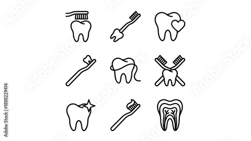 Minimalist Dental Icon Set Featuring Nine Line Art Illustrations of Teeth, Toothbrushes, Dental Floss, and Oral Care Symbols in a Clean Grid Layout for Healthcare and Dentistry Branding Design.