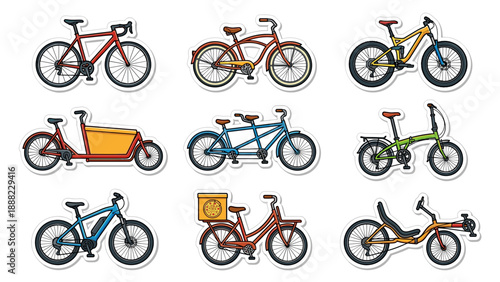 Set of Nine Unique Bicycle Vector Icons in Vibrant Sticker Style. Collection Includes Road Bike, Mountain Bike, Tandem, Cargo Bike, Electric Bike, Delivery Bike, Folding Bike, and Recumbent Cycle.