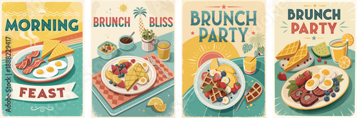 Colorful brunch illustrations showcasing pancakes, waffles, and fresh fruits.