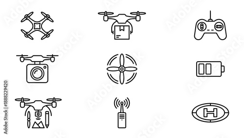 Set of 9 Minimalist Line Art Drone Technology Icons Including Quadcopters, Delivery Drones, Remote Controllers, Propellers, Batteries, and Landing Pads for Modern Logistics and Tech Design.