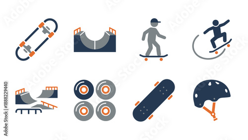 Collection of 8 flat vector skateboarding icons featuring a skateboard, halfpipe ramp, skater, aerial trick, skatepark obstacles, wheels, deck, and safety helmet in blue, grey, and orange colors.