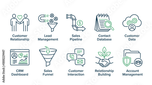 Set of 10 Professional CRM Icons for Customer Relationship Management, Lead Management, Sales Pipeline, Contact Database, Customer Data, CRM Dashboard, Sales Funnel, and Account Management.