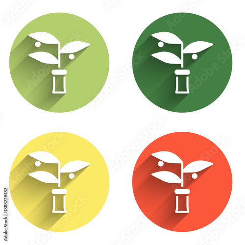 Set Plant breeding icon isolated with long shadow background. Plants growing in the test tubes. Organic food ,agriculture and hydroponic. Color circle button. Vector