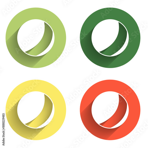 Set Beach ball icon isolated with long shadow background. Children toy. Color circle button. Vector