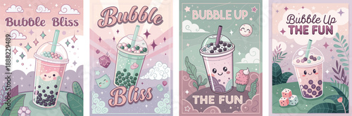 Colorful bubble tea illustrations evoke a fun and whimsical atmosphere.