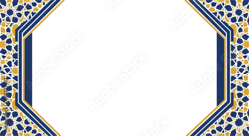 Decorative frame with blue and yellow geometric patterns on a white background