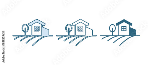 Blue Village landscape icon isolated on white background. Vector