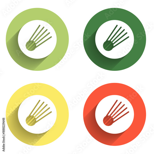 Set Comet falling down fast icon isolated with long shadow background. Color circle button. Vector