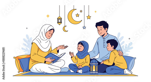 Illustration of a Muslim family reading together on the floor with a book and lanterns, conveying a cozy and intimate mood with warm colors.