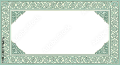 Close-up of an ornate, green and white decorative border with a large empty white space in the center.