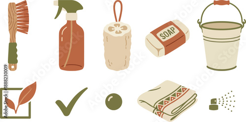 Sustainable eco-friendly cleaning checklist icons flat vector pack with earthy terracotta olive green cream wooden scrub brush glass spray bottle natural loofah soap metal bucket leaf checkbox 