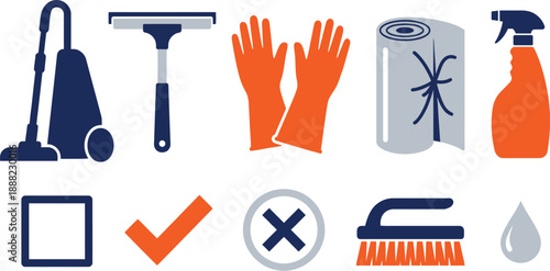 Heavy-duty spring cleaning utility icons flat vector pack with navy blue safety orange light grey upright vacuum squeegee rubber gloves trash bags spray bottle checkbox tick mark cross brush bristles 