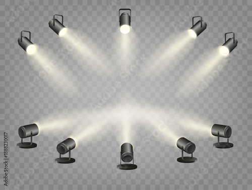 Spotlights set, stage and studio light, realistic hanging lamps. Spot lights and searchlights for concert. Vector
