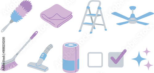 Dusting high-reach cleaning list icons flat vector pack with soft lavender airy blue light grey feather duster microfiber cloth step ladder ceiling fan cobweb brush vacuum attachment air purifier 