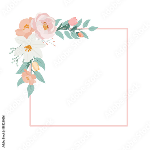 Pastel floral corner frame with spring flowers and leaves