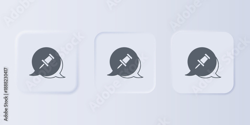 Grey Push pin icon isolated on grey background. Thumbtacks sign. Set icons in square buttons. Vector
