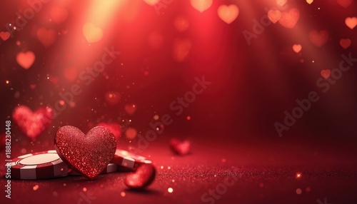 Red hearts and casino chips on sparkling surface. Abstract background with soft red light and bokeh effects. Symbolizes love gamble chance and fortune in gambling.