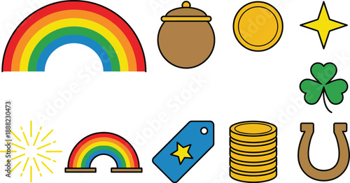Simplified icon-ready luck symbols clean lines flat vector pack with perfect semi-circle rainbow minimalist round pot lid single coin four-point star three-leaf clover radial sparkle burst bridge tag 