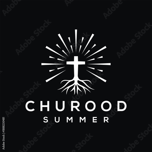 Rooted summer christian cross crucifix for church logo design vector template