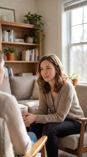 Therapy session in cozy office. Therapy counselor listens with empathy, therapy support for worldmentalhealthday, mentalhealthawarenessmonth, stressawarenessmonth, calm wellbeing concept