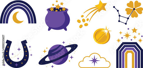 Celestial-themed fortune vectors flat vector pack with deep midnight blue violet bright gold rainbow arcing crescent moon star-filled cauldron shooting star trail coins constellation clover sparkling 