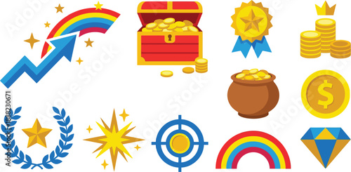 Modern success reward symbols luck motifs bright primary colors gold flat vector pack with upward-trending graph arrow rainbow treasure chest coins star-shaped medal stack crown pot laurel wreath 