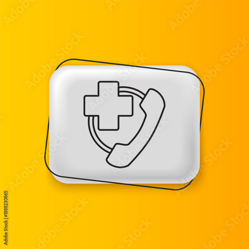 Black Emergency phone call to hospital icon isolated on yellow background. Silver rectangle button. Vector