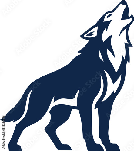 Minimalist navy blue wolf mascot howling at the sky, vector illustration